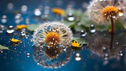 Wall Mural - Experience the magic of nature's artistry with this captivating close-up of dandelion seeds reflected on a mirror surface, embellished with glistening water droplets, evoking a sense of wonder and tra