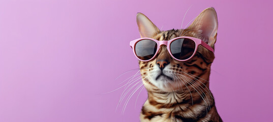 Closeup portrait of a cute and happy pet cat wearing fashion sunglasses isolated against a purple background with Copyspace 