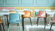 © 沈军 贡 - Close up of empty chairs and desks in the classroom,