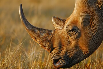 a close-up profile view of an African rhino’s horn, set against the backdrop of the brown field.