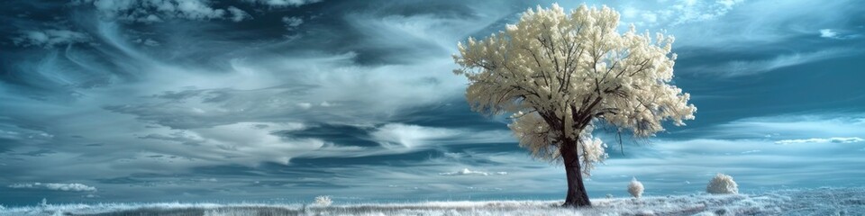 A solitary tree standing tall against a dreamy sky in an otherworldly infrared landscape.