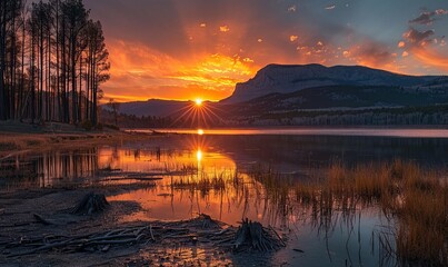 Sticker - Sunrise colored gold by nearby wildfires, Eagle Nest State Lake Park, New Mexico