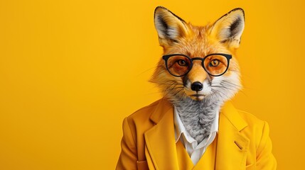 Wall Mural - Modern fox in fashionable trendy outfit with hipster glasses and yellow business suit. Creative animal concept banner. Pastel yellow background banner with copyspace