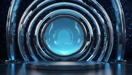 futuristic fashion show stage background blue color and chrome with circle in the middle