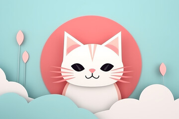 Wall Mural - Cute adorable white cat, simple flat illustration with pastel color and paper cut style, copy space, blue, pink background