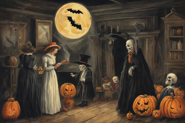Wall Mural - A painting of a Halloween scene with a woman in a white dress