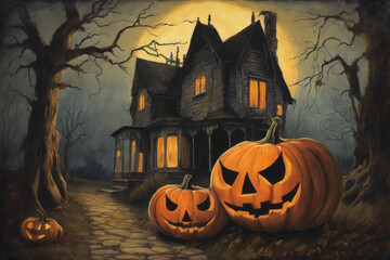 Wall Mural - A painting of a house with two pumpkins on the front porch