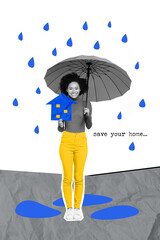 Wall Mural - Vertical collage image of cheerful black white effect girl arm hold small house umbrella cover rain save your home isolated on grey background