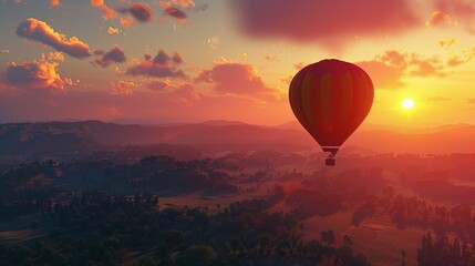 A hot air balloon ride at sunset over rolling hills.