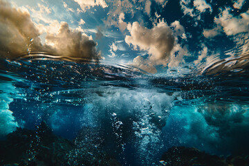 Wall Mural - background - bubbles of air underwater with beautiful sky seen on top of the surface of the ocean