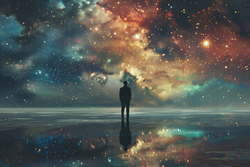 Wall Mural - silhouette of a man standing on the surface of water and looking at beautiful sky with stars