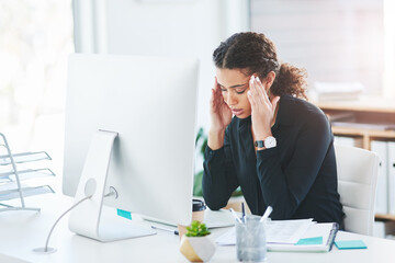 Aufkleber - Businesswoman, computer and headache pain or stress migraine with burnout, fatigue or overtime. Female person, desk and mental health brain fog with tension pressure or frustrated, tired or deadline
