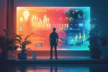 Wall Mural - A man stands in front of a large monitor displaying a colorful array of graphs