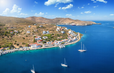 Wall Mural - Aerial view of the small village and sailors marina of Vourkari on the island of Kea Tzia, Cyclades, Greece