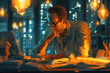 Wall Mural - A man is sitting at a desk with a laptop and a stack of papers