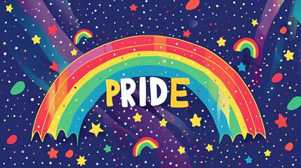 Sticker - Night sky rainbow Pride illustration with vibrant colors and stars, celebrating LGBTQ+ inclusivity and equality in a bold artistic style.