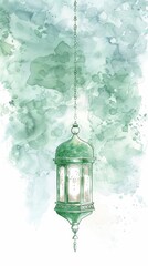 Wall Mural - Simple watercolor green and white Islamic background with lantern.