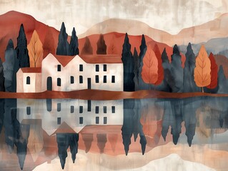 Wall Mural - Watercolor painting farmhouse around lake in the forest gouache illustration