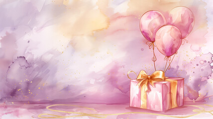 Wall Mural - A Delightful Surprise: A charming pink gift box adorned with vibrant balloons, hinting at a delightful surprise waiting to be unwrapped.