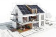 © Taras - House blueprint with green power panel. Sketch of residential building with solar rooftop. 3D draft print. Modern ecological design. Innovation alternative model