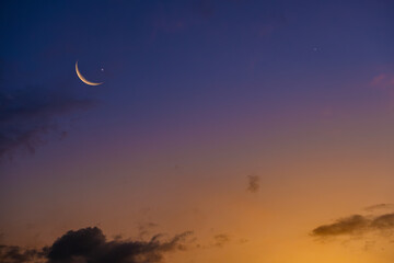 Background of half moon and starry sky and sunset Greeting card for the holy month of Ramadan of islam	
