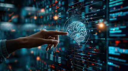 Artificial Intelligence and medical science concept, hand touching digital brain hologram on modern computer screen with data and code background