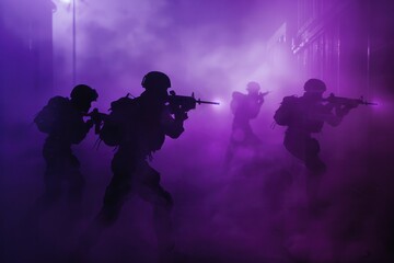 Silhouettes of soldiers fighting in the street, dark purple foggy background.