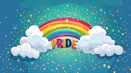 Sticker - Rainbow Pride illustration with fluffy clouds and colorful stars, symbolizing LGBTQ+ inclusivity and joy in a cheerful, artistic design.