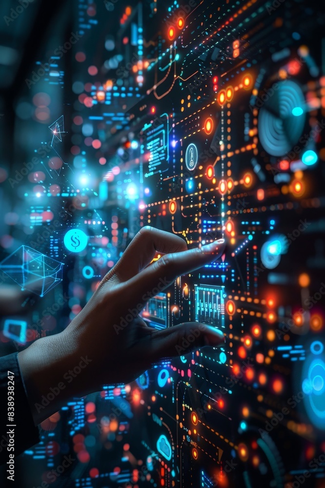 Hand Interacting with Futuristic Digital Interface, Illuminated Data ...