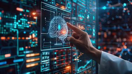 Artificial Intelligence and medical science concept, hand touching digital brain hologram on modern computer screen with data and code background