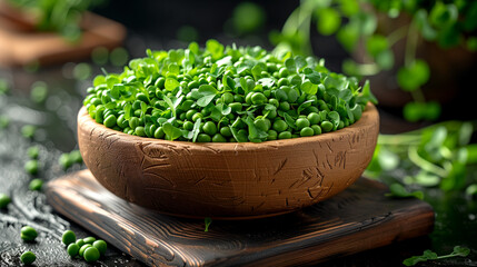 Wall Mural - A bowl of green peas is sitting on a wooden table. The scene has a simple and natural feel, with the peas being the main focus