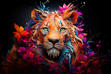 Wall Mural - multicolor neon portrait of a lion in pop art style on a black background.