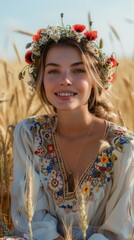 Sticker -  A woman is sitting in a wheat field, dressed in a Ukrainian embroidered shirt, on her head a wreath of poppies and daisies, she is smiling, happy, the sunny summer light caresses her face