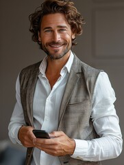 Wall Mural - A 30-year-old man using a phone, wearing business suit, smiling brightly, studio shot