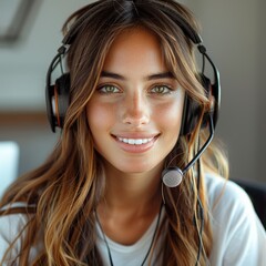 Poster -  girl sales manager, smiling, sitting at her workplace wearing headphones with a microphone, white background. operator