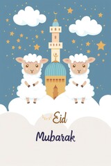 Wall Mural - Eid mubarak text with cute sheep on a cloud, a mosque in the background. Eid Al Adha mubarak