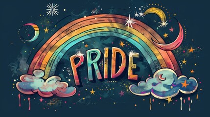 Wall Mural - mystical pride rainbow with celestial elements, dreamy lgbtq+ illustration on starry background