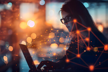 network engineer with network diagram hologram and woman on laptop configuring, digital networking, 