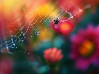 Black spider with a long tail resting in the center of its web