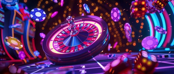 a neonlit casino background featuring a roulette wheel, playing cards, and chips falling in a dynami