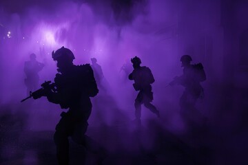 Silhouettes of soldiers fighting in the street, dark purple foggy background.