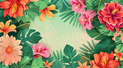 vibrant floral boarder frame background with an array of bright pink, orange and green flowers, including dahlia, orchid and hibiscus, arranged around the edges on a pastel green backdrop