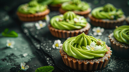 Wall Mural - Gourmet matcha green tea pudding tarts on dark rustic background with spices. Vegan concept Healthy homemade matcha cakes. homemade raw matcha powder cakes