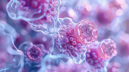Wall Mural - abstract close-up of transparent and pink cells with bubbles in a soft focus background, perfect for