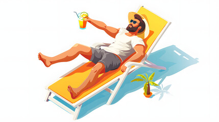 Wall Mural - handsome man lying on a sun lounger with a glass of drink. sunny, clear morning. view from above. closeup, outdoors. vacation and travel concept isolated on white background, png
