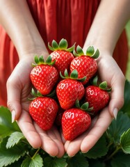 Wall Mural - A vibrant image of fresh, ripe strawberries being held gently in hands. The strawberries are bright red with green leaves, set against a natural green background, conveying freshness and organic