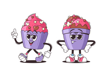 Wall Mural - adorable cartoon retro groovy cupcake and an ice cream character with happy expressions, vector illu