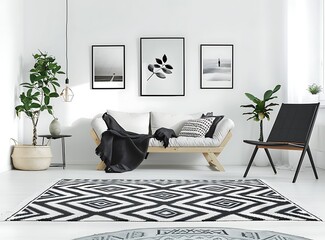 Black and white geometric print rug on the floor of a modern living room with a wooden sofa, black chair, posters in frames, planters and a blanket on it