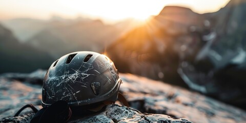 Close-up on a climber's helmet, scratched and worn, with a mountainous blur in the background, sunset. 