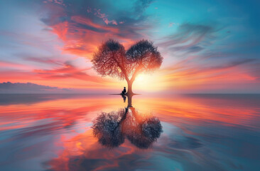 Canvas Print - A tree shaped like a heart symbol, standing in still water at sunset with a couple sitting on its trunk and watching the sky, creating an atmosphere of love and romance. 